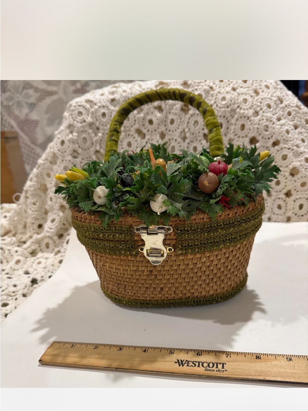 Handmade  Green-Trim Wicker Satchel purse  with vegetable Accent